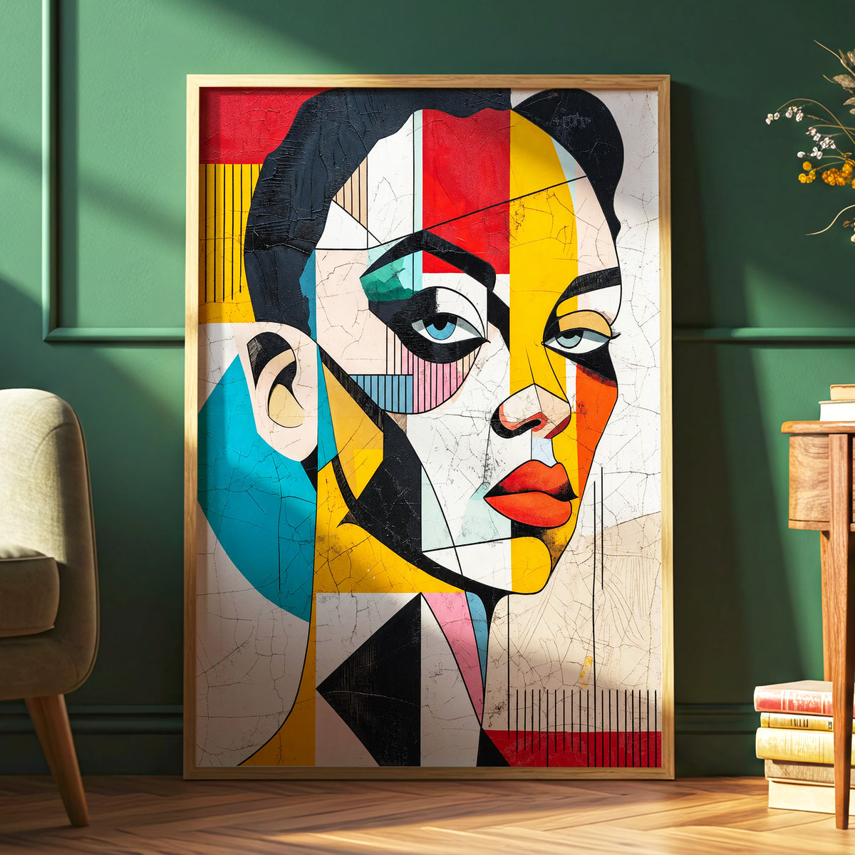 Duet in Fragments, black, yellow, red abstract wall art displayed in a styled interior, gallery view 6