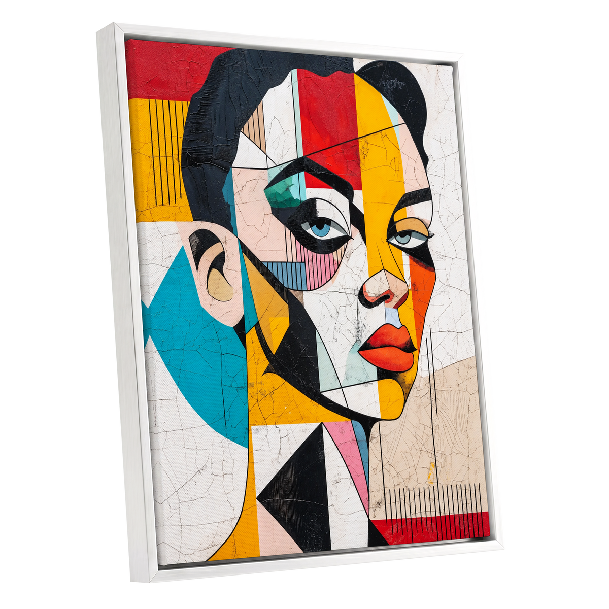 Duet in Fragments, black, yellow, red abstract wall art shown as a white framed canvas wall art