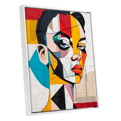 Duet in Fragments, black, yellow, red abstract wall art shown as a white framed canvas wall art