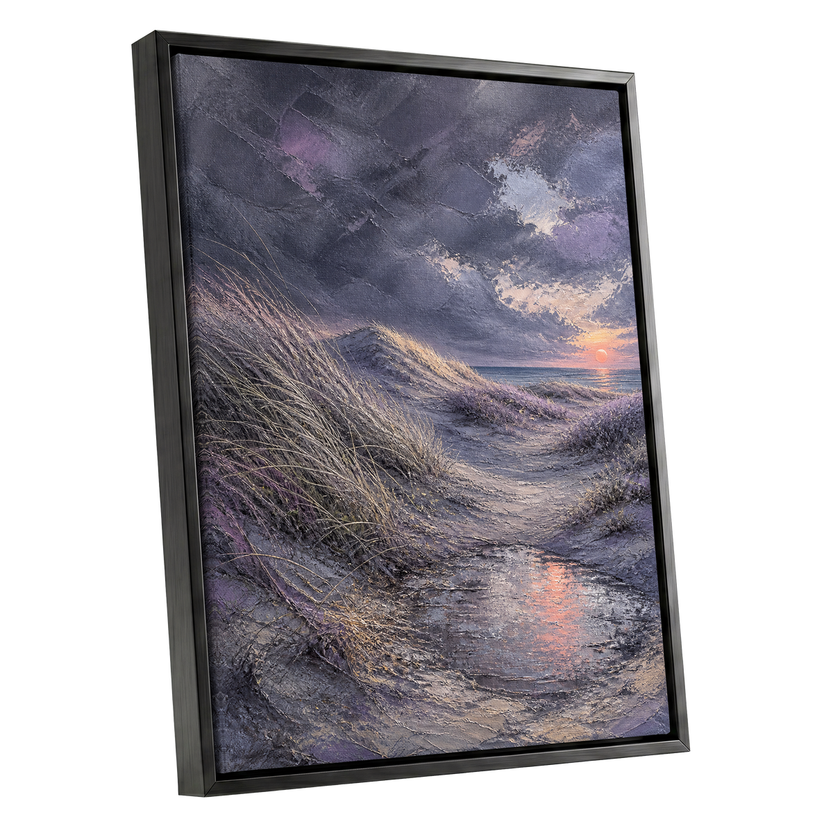 Dunes at Violet Dusk, gray, purple, beige nature wall art shown as a black framed canvas wall art