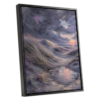 Dunes at Violet Dusk, gray, purple, beige nature wall art shown as a black framed canvas wall art