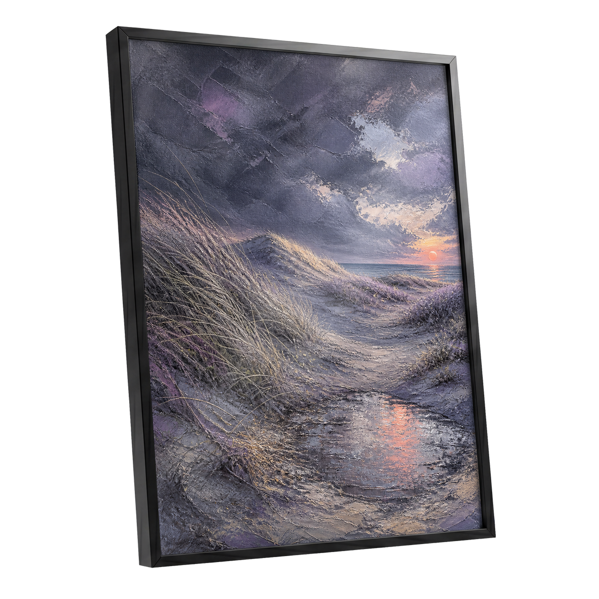 Dunes at Violet Dusk, gray, purple, beige nature wall art shown as a black framed poster wall art print