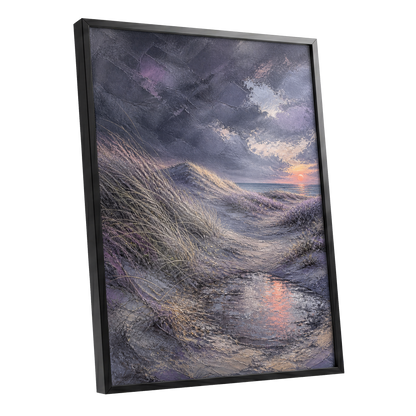 Dunes at Violet Dusk, gray, purple, beige nature wall art shown as a black framed poster wall art print