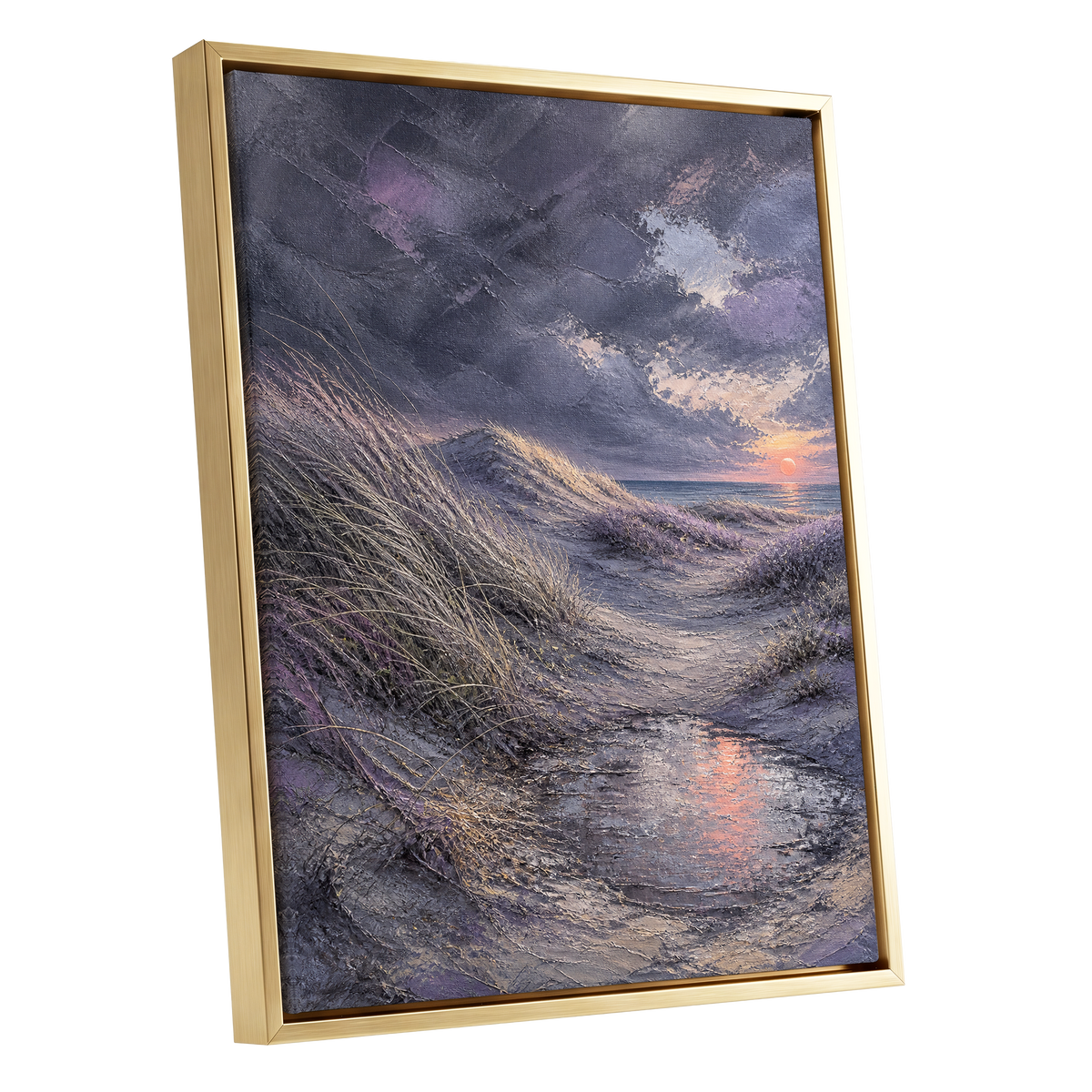 Dunes at Violet Dusk, gray, purple, beige nature wall art shown as a gold framed canvas wall art