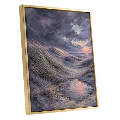 Dunes at Violet Dusk, gray, purple, beige nature wall art shown as a gold framed canvas wall art