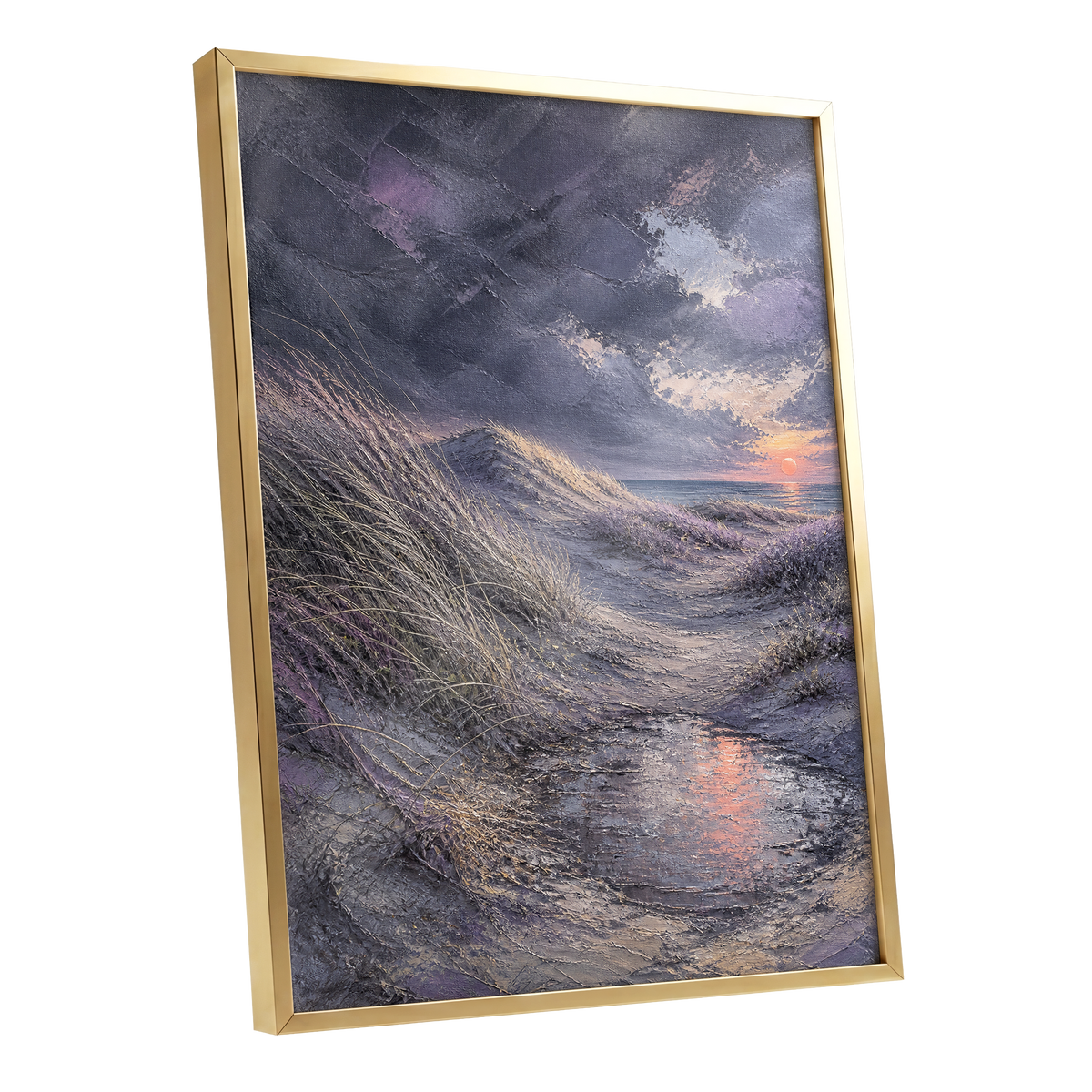 Dunes at Violet Dusk, gray, purple, beige nature wall art shown as a gold framed poster wall art print