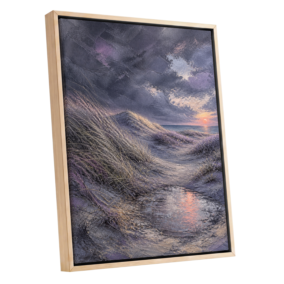 Dunes at Violet Dusk, gray, purple, beige nature wall art shown as a oak framed canvas wall art