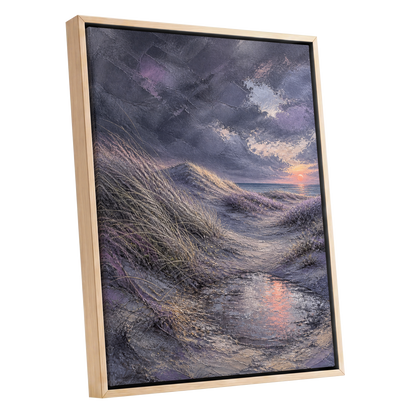 Dunes at Violet Dusk, gray, purple, beige nature wall art shown as a oak framed canvas wall art