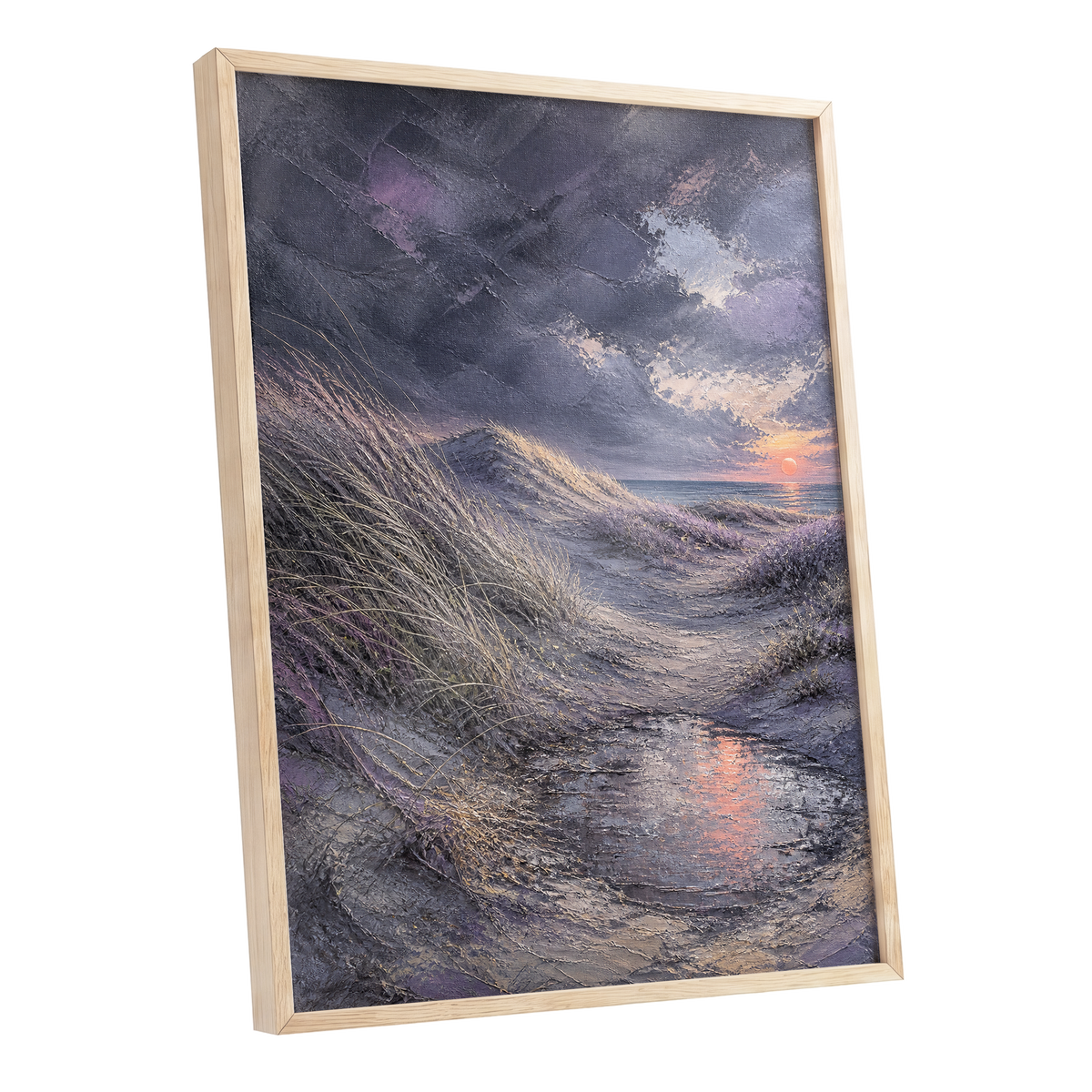 Dunes at Violet Dusk, gray, purple, beige nature wall art shown as a oak framed poster wall art print