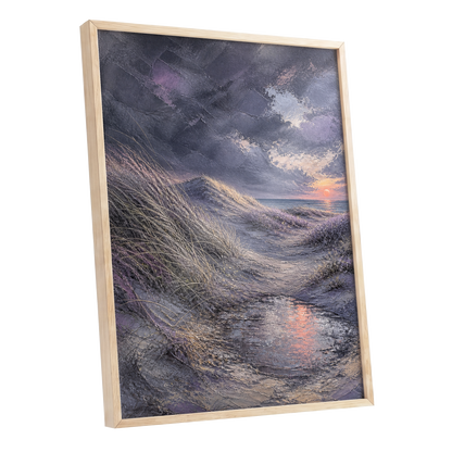 Dunes at Violet Dusk, gray, purple, beige nature wall art shown as a oak framed poster wall art print