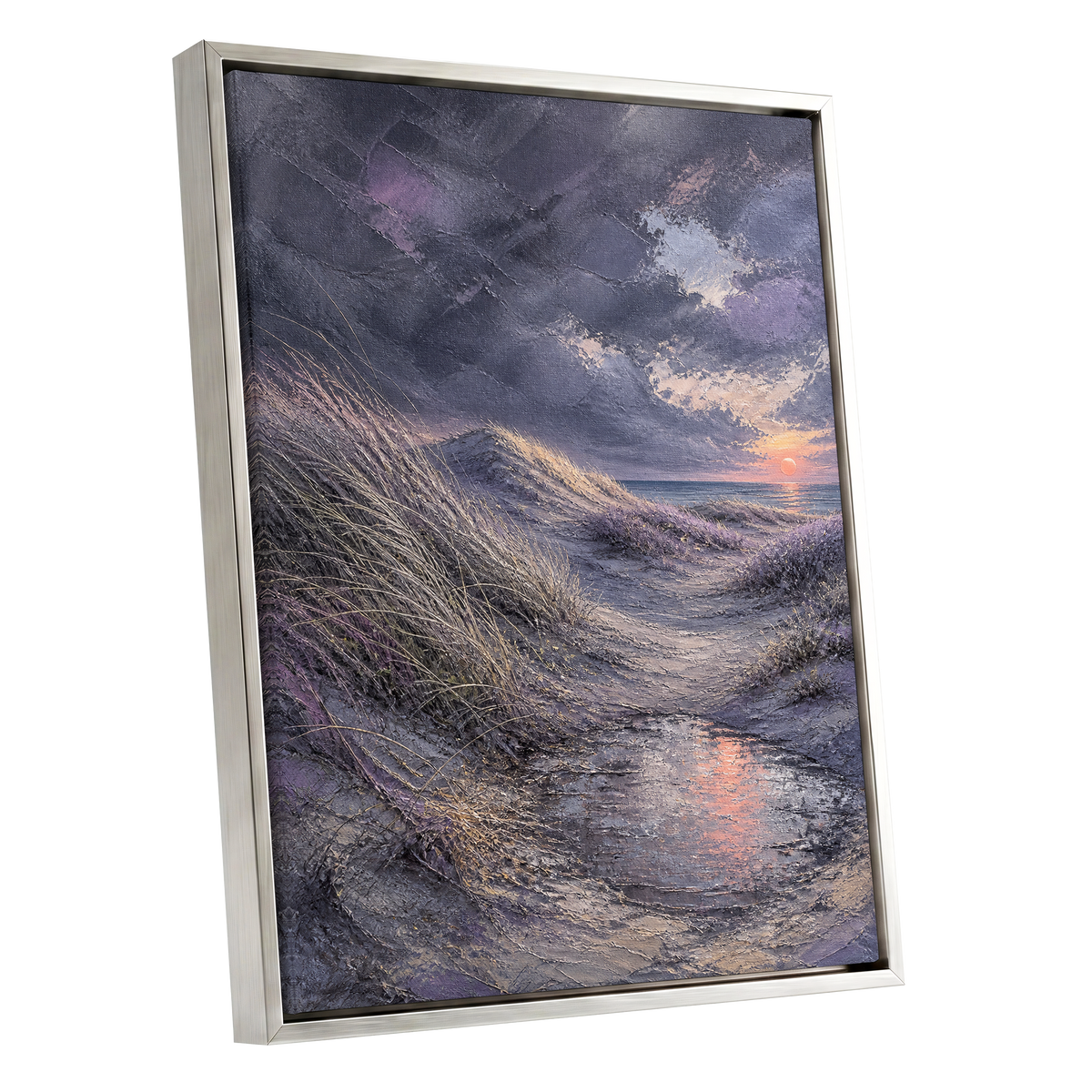 Dunes at Violet Dusk, gray, purple, beige nature wall art shown as a silver framed canvas wall art