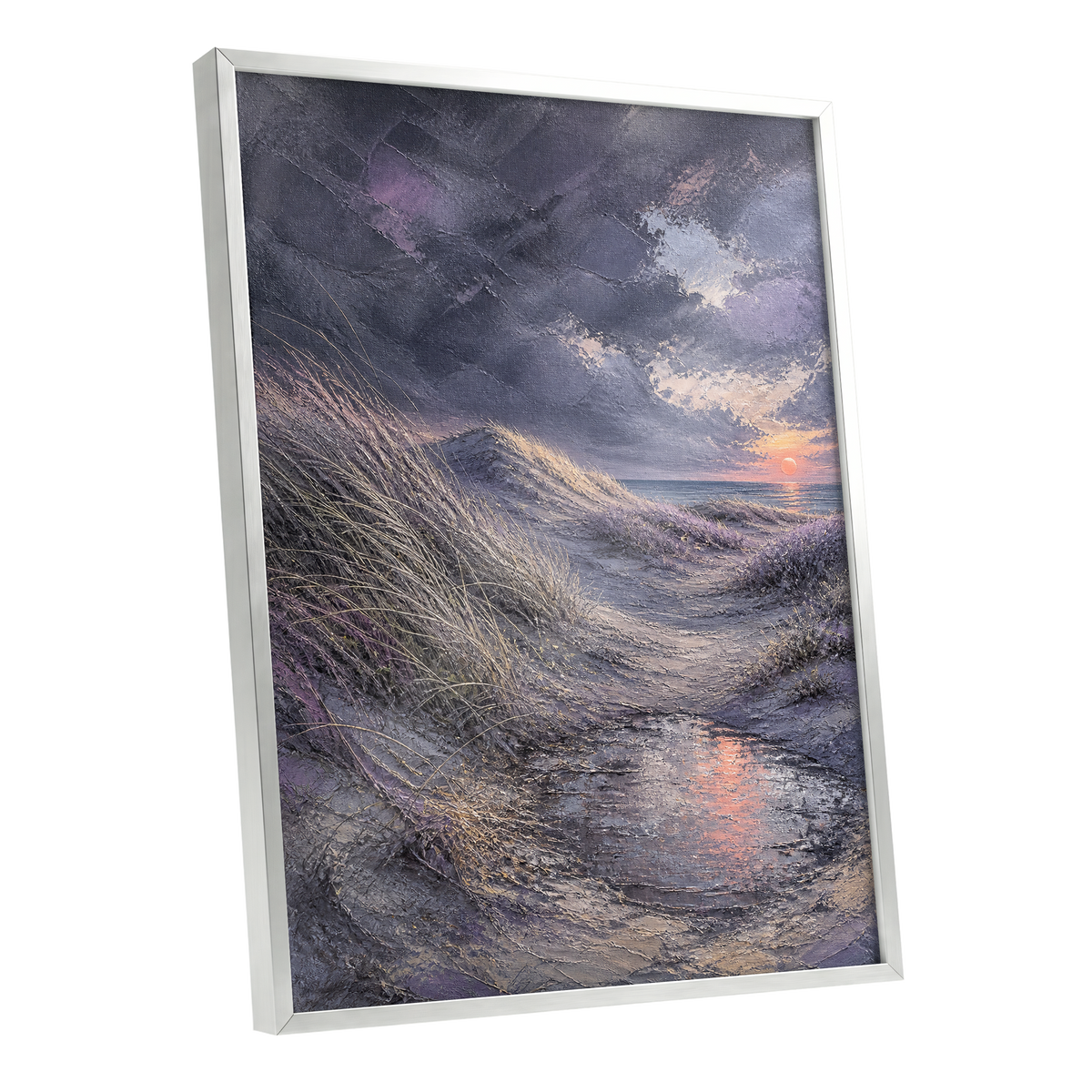 Dunes at Violet Dusk, gray, purple, beige nature wall art shown as a silver framed poster wall art print