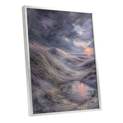 Dunes at Violet Dusk, gray, purple, beige nature wall art shown as a silver framed poster wall art print