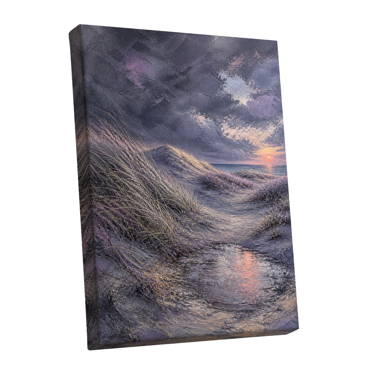 Dunes at Violet Dusk, gray, purple, beige nature wall art shown as a stretched canvas wall art