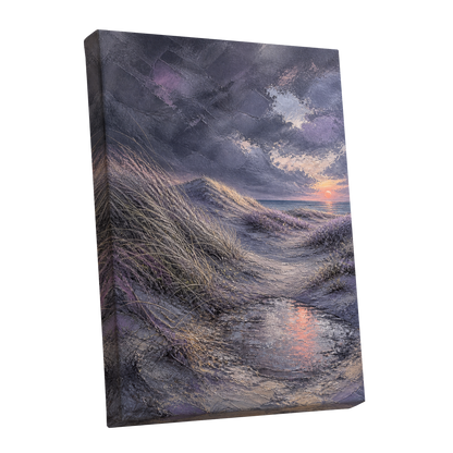 Dunes at Violet Dusk, gray, purple, beige nature wall art shown as a stretched canvas wall art