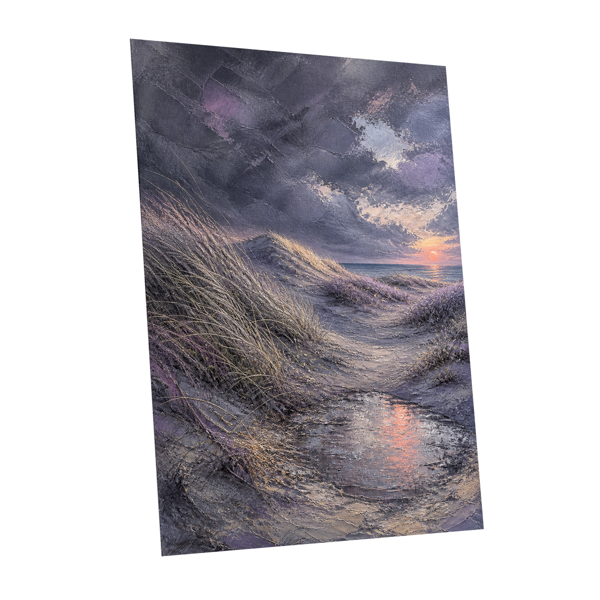 Dunes at Violet Dusk, gray, purple, beige nature wall art shown as a unframed poster wall art print