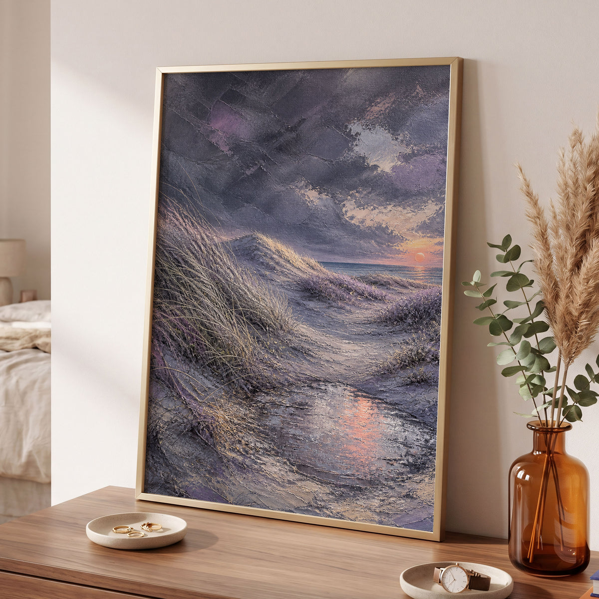 Dunes at Violet Dusk, gray, purple, beige nature wall art displayed in a styled interior, gallery view 2
