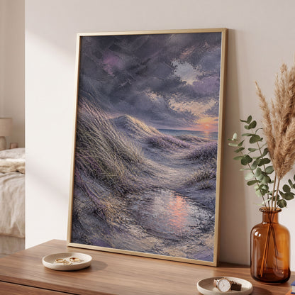Dunes at Violet Dusk, gray, purple, beige nature wall art displayed in a styled interior, gallery view 2