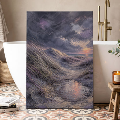 Dunes at Violet Dusk, gray, purple, beige nature wall art displayed in a styled interior, gallery view 3