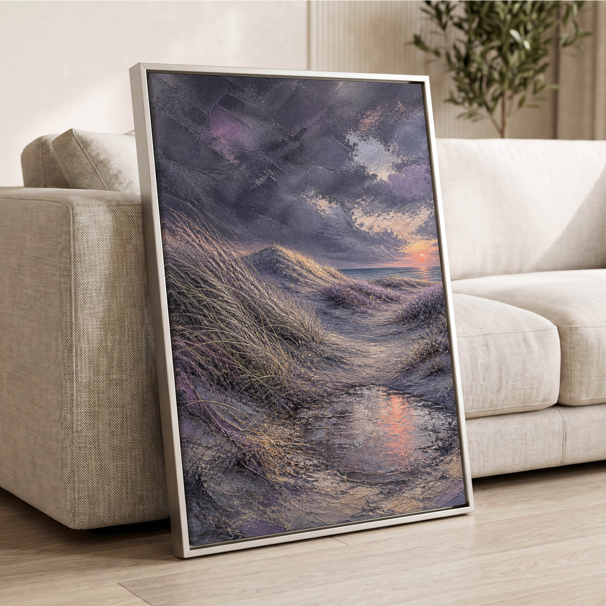 Dunes at Violet Dusk, gray, purple, beige nature wall art displayed in a styled interior, gallery view 4