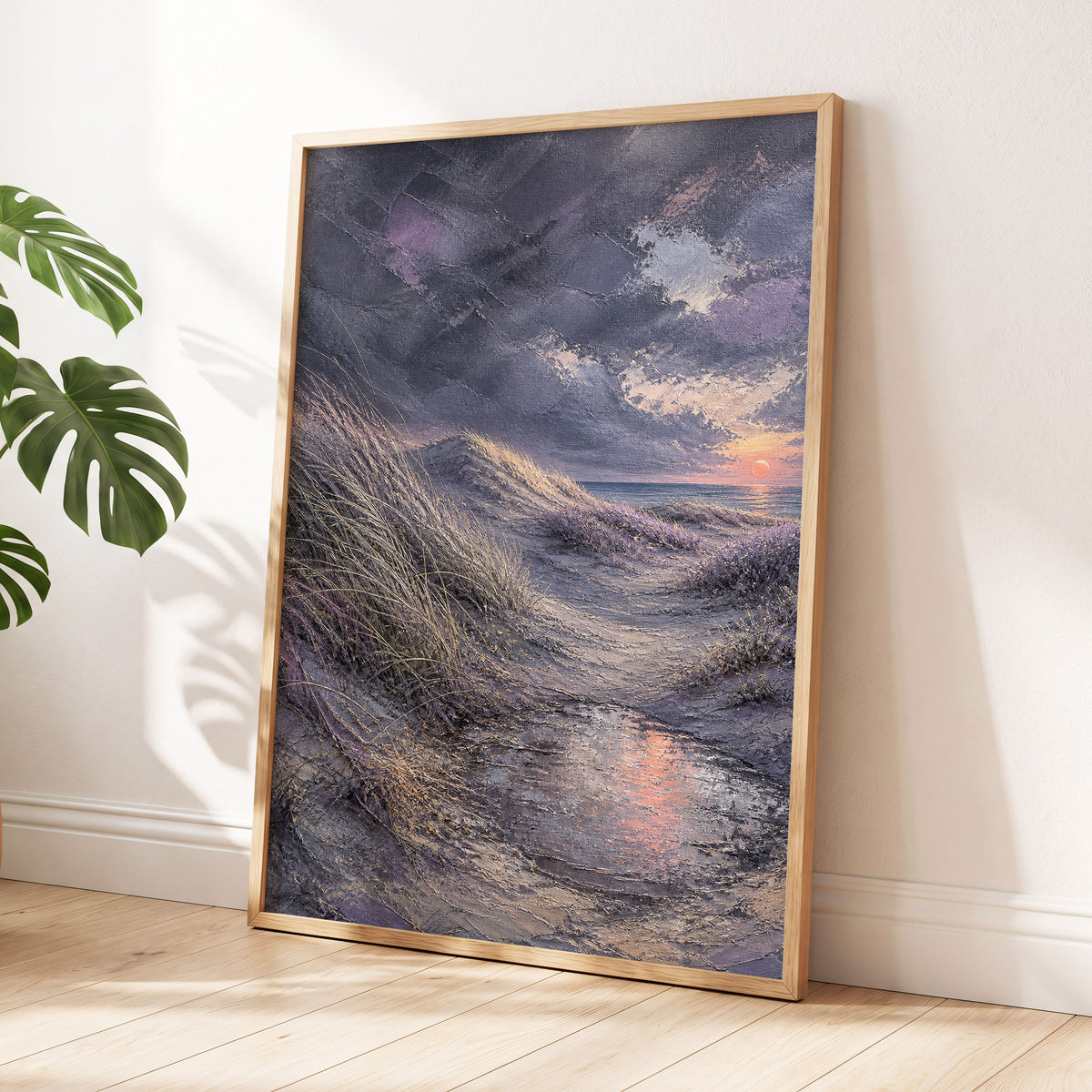 Dunes at Violet Dusk, gray, purple, beige nature wall art displayed in a styled interior, gallery view 6