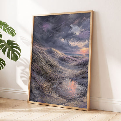 Dunes at Violet Dusk, gray, purple, beige nature wall art displayed in a styled interior, gallery view 6