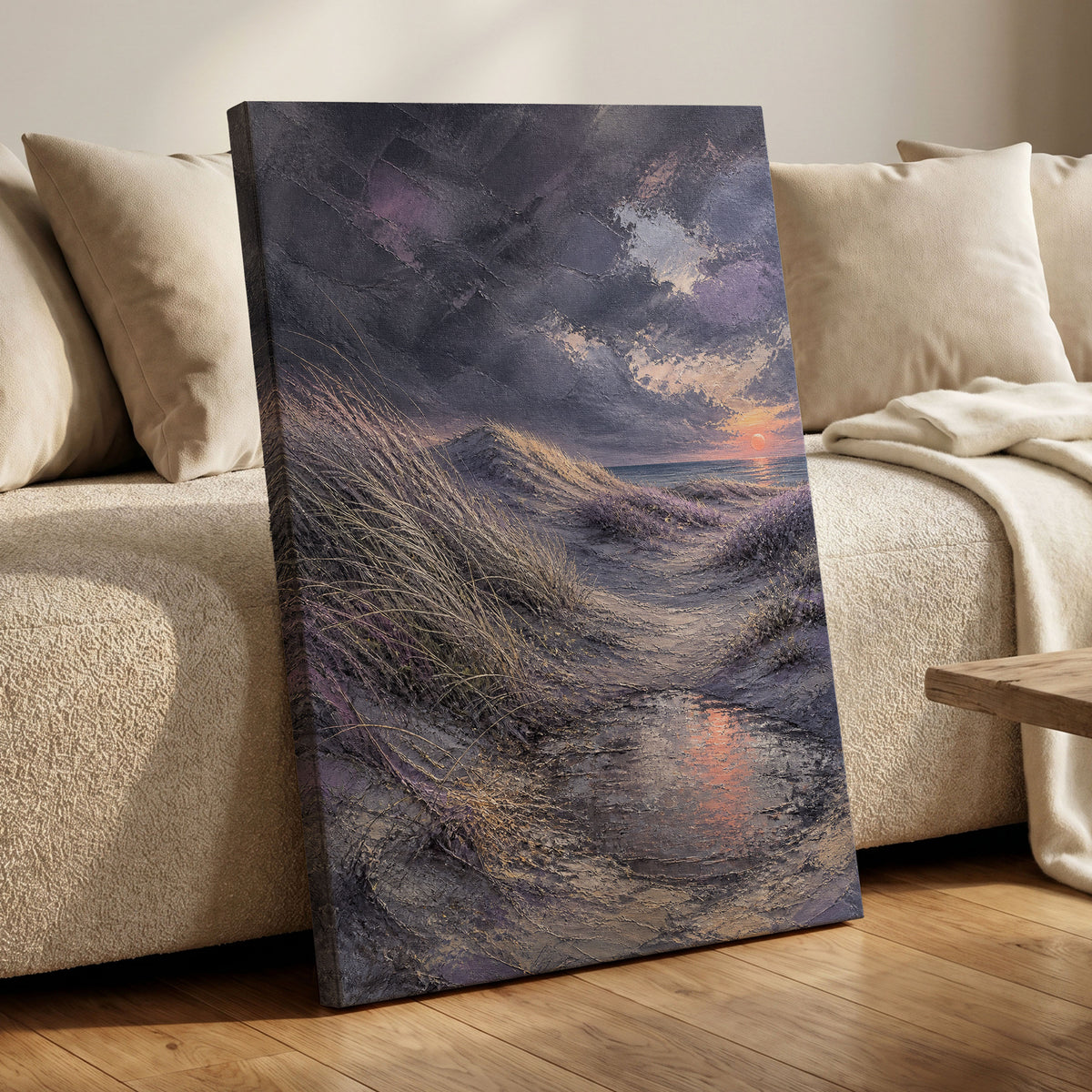 Dunes at Violet Dusk, gray, purple, beige nature wall art displayed in a styled interior, gallery view 7