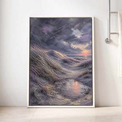 Dunes at Violet Dusk, gray, purple, beige nature wall art displayed in a styled interior, gallery view 8