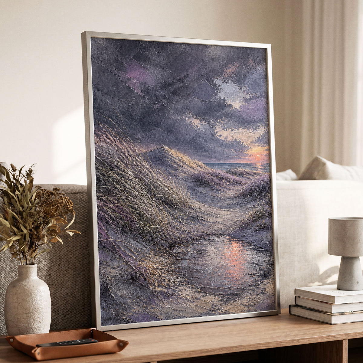 Dunes at Violet Dusk, gray, purple, beige nature wall art displayed in a styled interior, gallery view 9