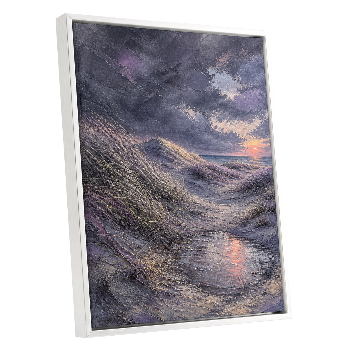 Dunes at Violet Dusk, gray, purple, beige nature wall art shown as a white framed canvas wall art