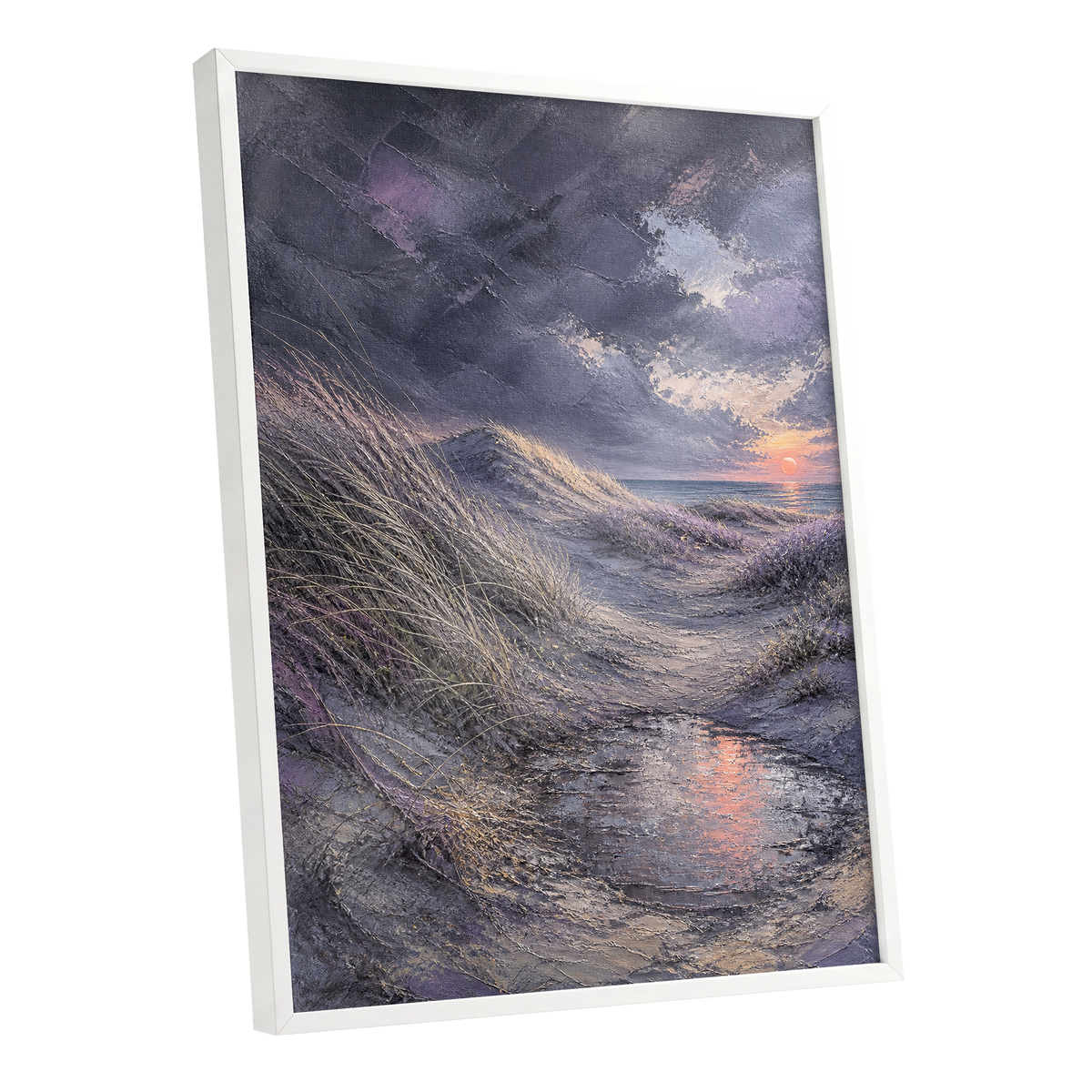 Dunes at Violet Dusk, gray, purple, beige nature wall art shown as a white framed poster wall art print