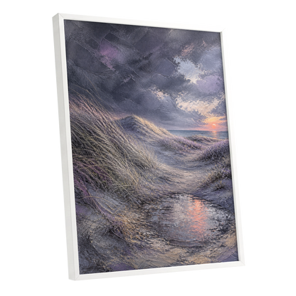 Dunes at Violet Dusk, gray, purple, beige nature wall art shown as a white framed poster wall art print