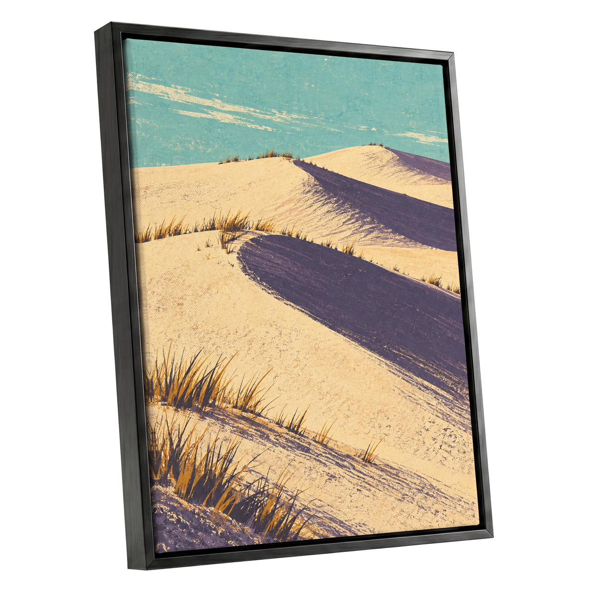 Dunes in Violet Shade, beige, purple, blue nature wall art shown as a black framed canvas wall art