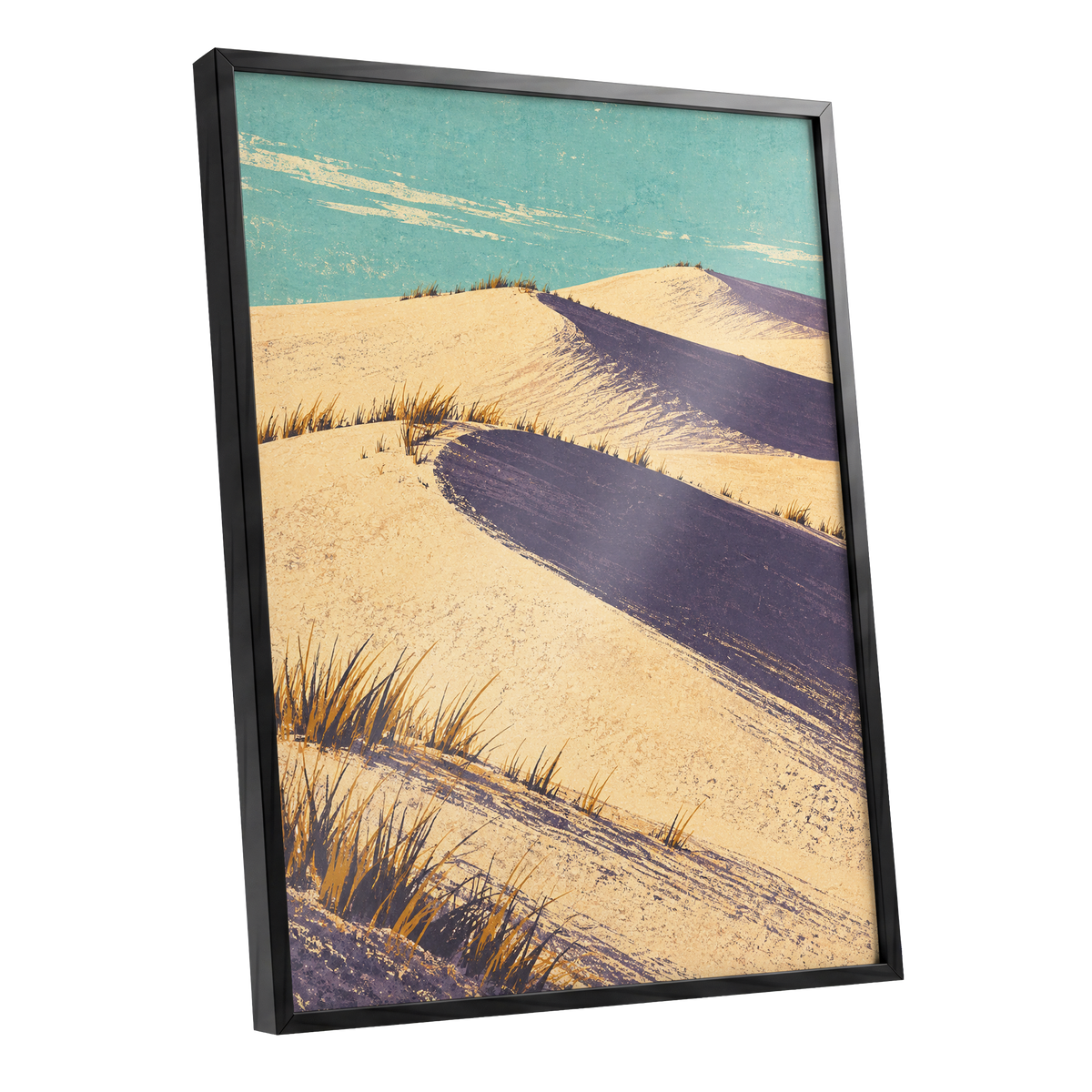 Dunes in Violet Shade, beige, purple, blue nature wall art shown as a black framed poster wall art print