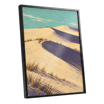 Dunes in Violet Shade, beige, purple, blue nature wall art shown as a black framed poster wall art print