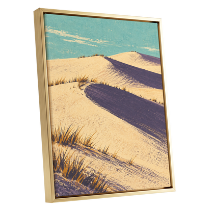 Dunes in Violet Shade, beige, purple, blue nature wall art shown as a gold framed canvas wall art