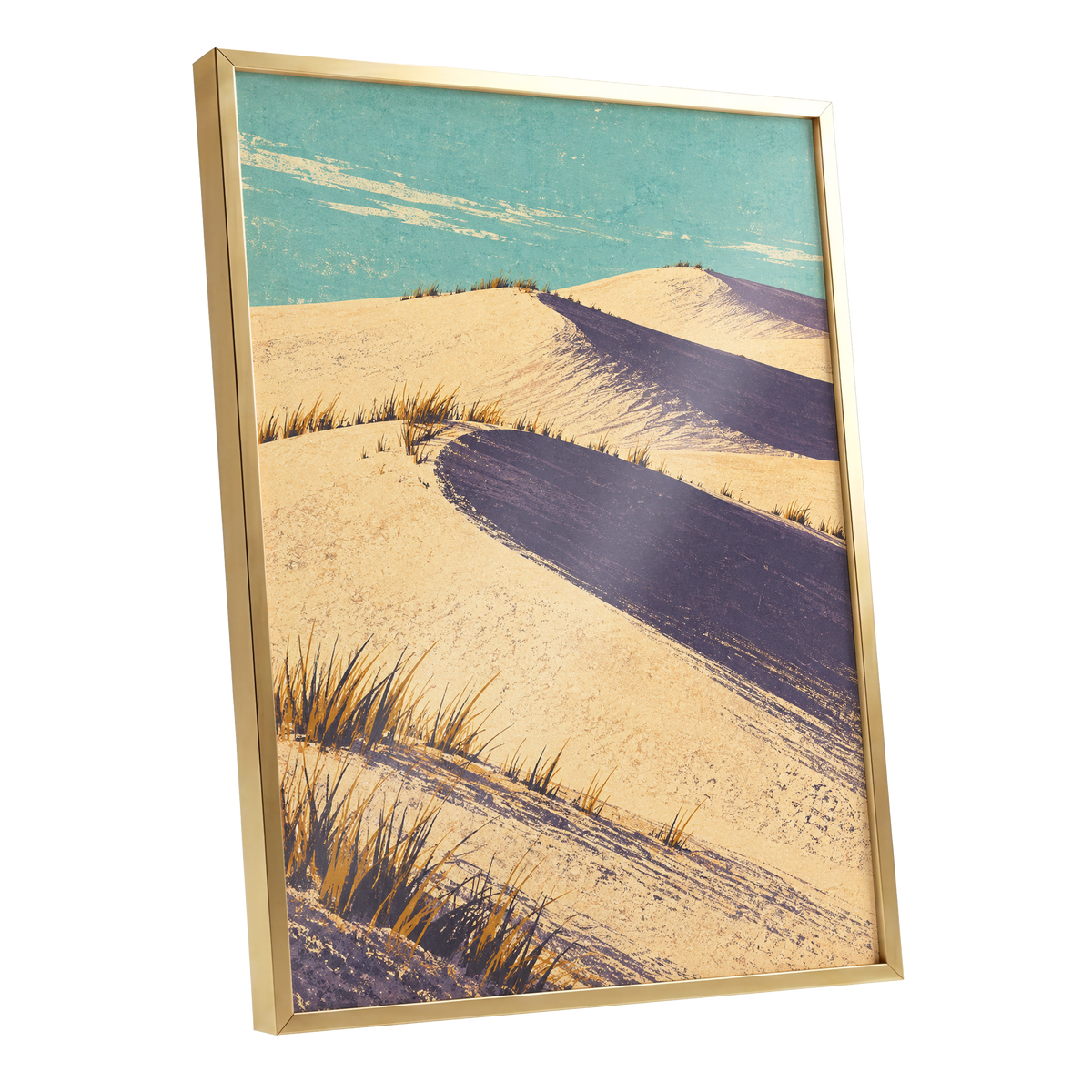 Dunes in Violet Shade, beige, purple, blue nature wall art shown as a gold framed poster wall art print