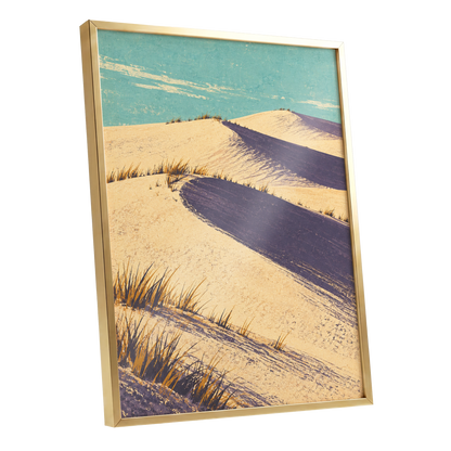 Dunes in Violet Shade, beige, purple, blue nature wall art shown as a gold framed poster wall art print