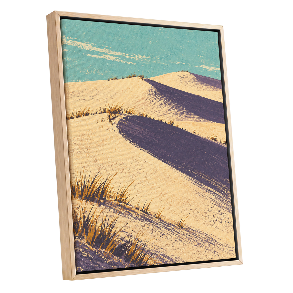 Dunes in Violet Shade, beige, purple, blue nature wall art shown as a oak framed canvas wall art