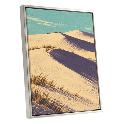Dunes in Violet Shade, beige, purple, blue nature wall art shown as a silver framed canvas wall art