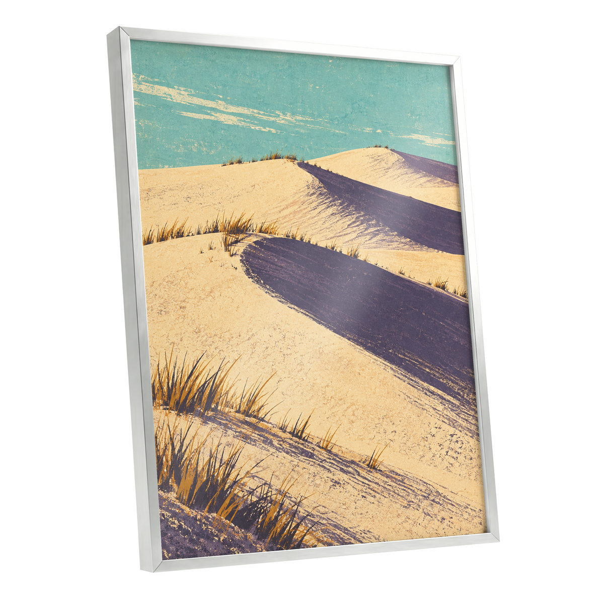 Dunes in Violet Shade, beige, purple, blue nature wall art shown as a silver framed poster wall art print