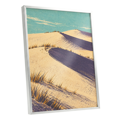 Dunes in Violet Shade, beige, purple, blue nature wall art shown as a silver framed poster wall art print