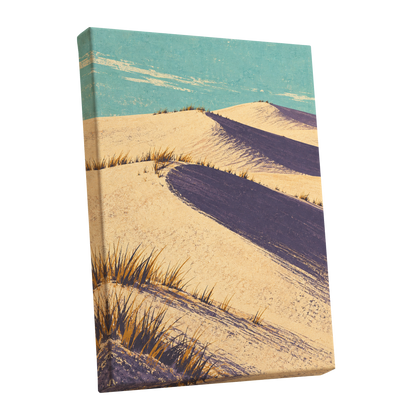 Dunes in Violet Shade, beige, purple, blue nature wall art shown as a stretched canvas wall art