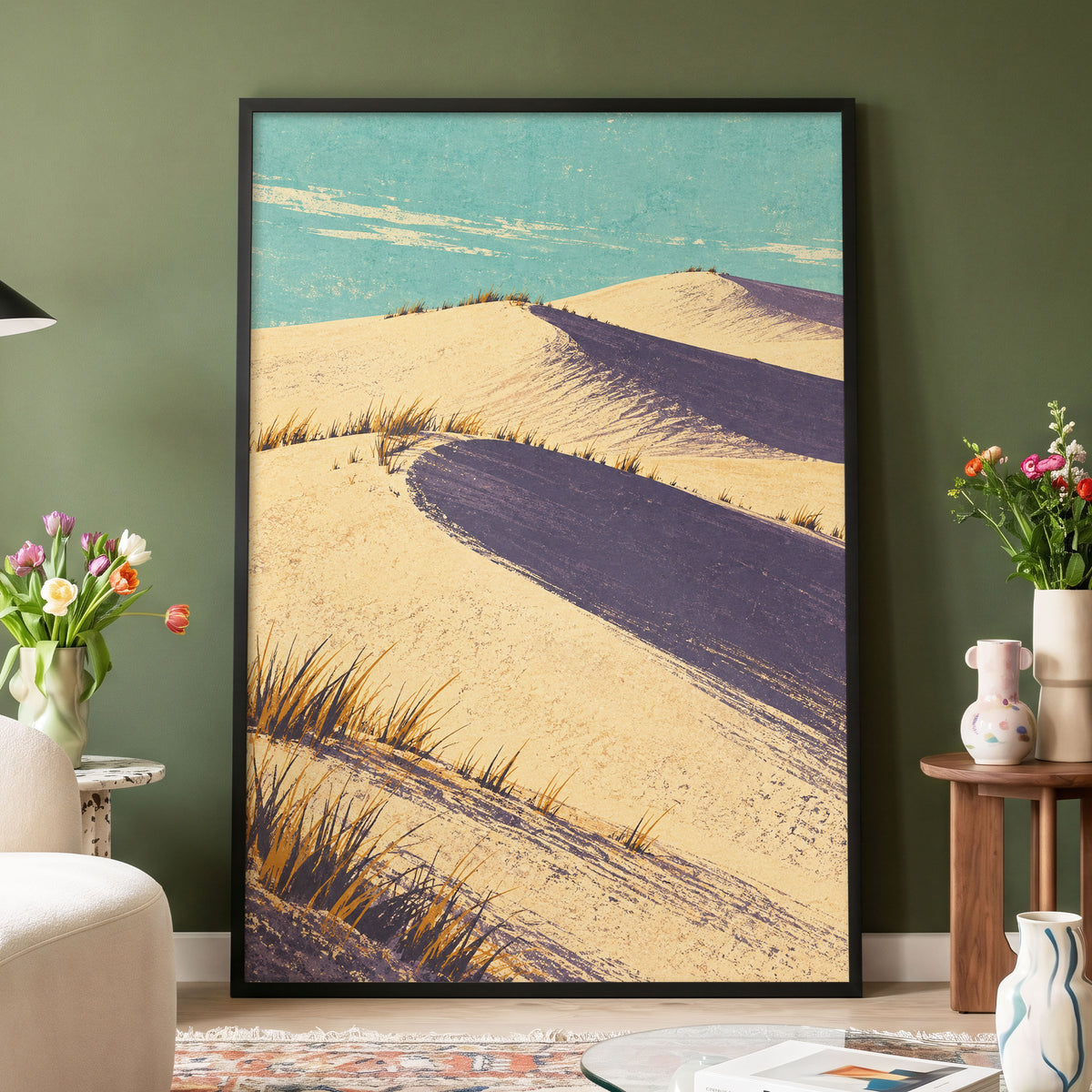 Dunes in Violet Shade, beige, purple, blue nature wall art displayed in a styled interior, gallery view 2