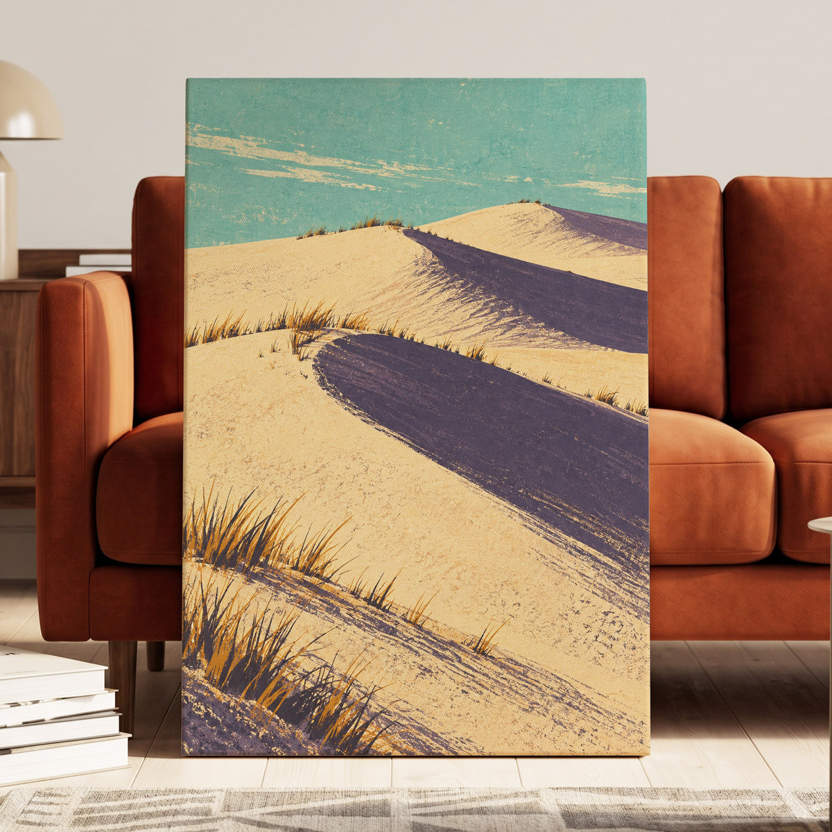 Dunes in Violet Shade, beige, purple, blue nature wall art displayed in a styled interior, gallery view 3
