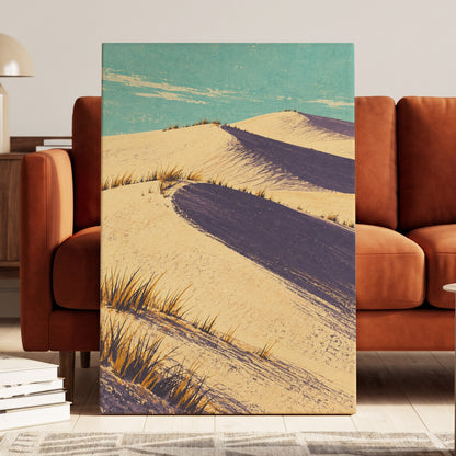 Dunes in Violet Shade, beige, purple, blue nature wall art displayed in a styled interior, gallery view 3