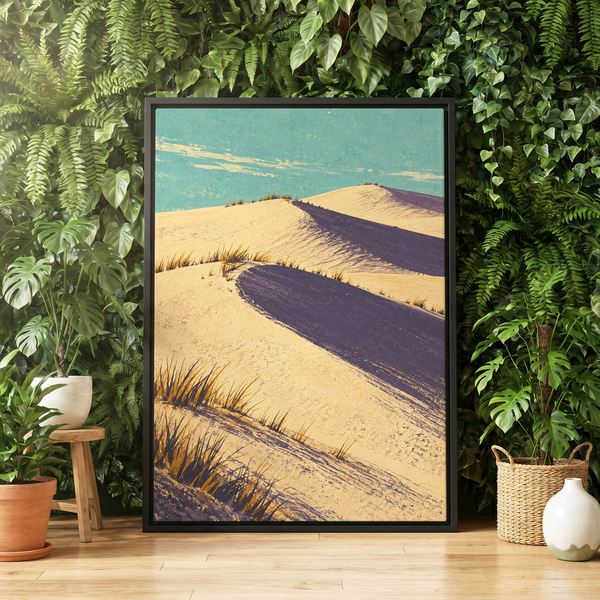 Dunes in Violet Shade, beige, purple, blue nature wall art displayed in a styled interior, gallery view 4