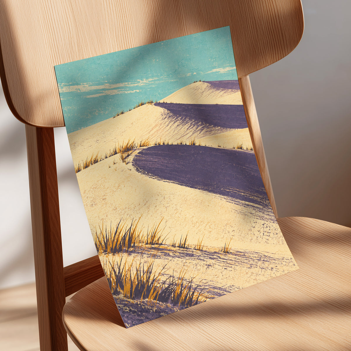 Dunes in Violet Shade, beige, purple, blue nature wall art displayed in a styled interior, gallery view 5
