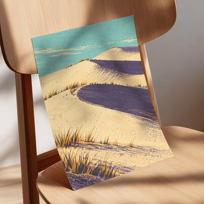 Dunes in Violet Shade, beige, purple, blue nature wall art displayed in a styled interior, gallery view 5