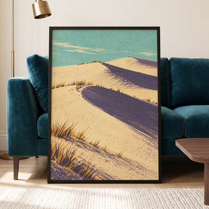 Dunes in Violet Shade, beige, purple, blue nature wall art displayed in a styled interior, gallery view 6